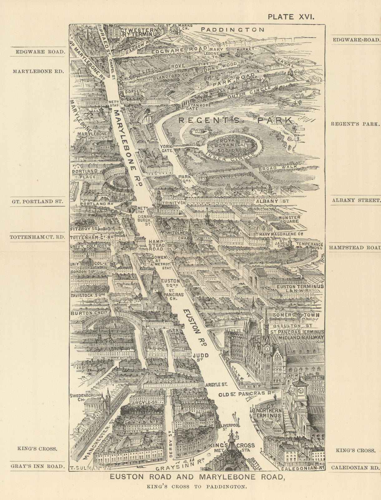 Euston & Marylebone Road bird's eye view. King’s X & Paddington. SULMAN 1890 map